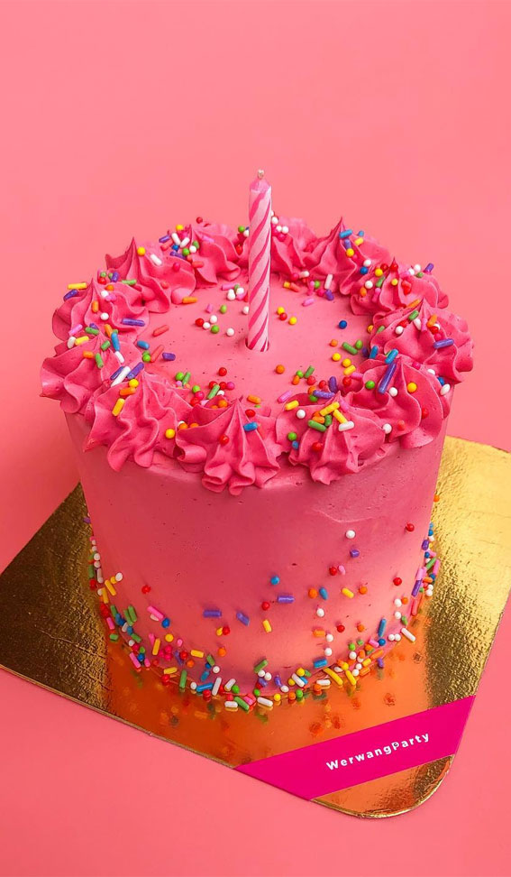 bright pink confetti cake, vibrant cake, colorful birthday cake, confetti cake, funfetti cake, sprinkle cake, simple sprinkle cake ideas, simple funfetti cake,  2 layer confetti cake, colourful sprinkle cake, best sprinkles funfetti cake, what kind of sprinkles for funfetti cake