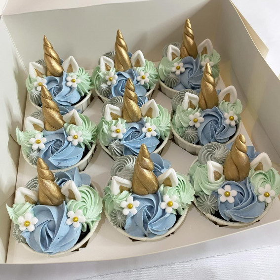 40 Cute Cupcake Ideas For Every Party : Blue and Mint Buttercream Unicorn Theme