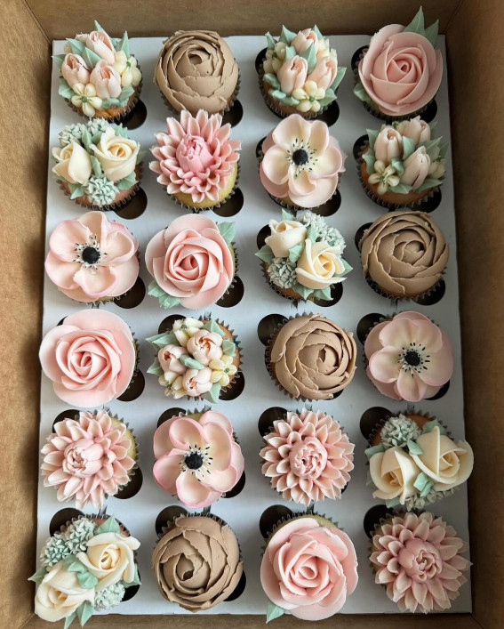 40 Cute Cupcake Ideas For Every Party : Brown and Pink Floral Buttercream for Baby Shower