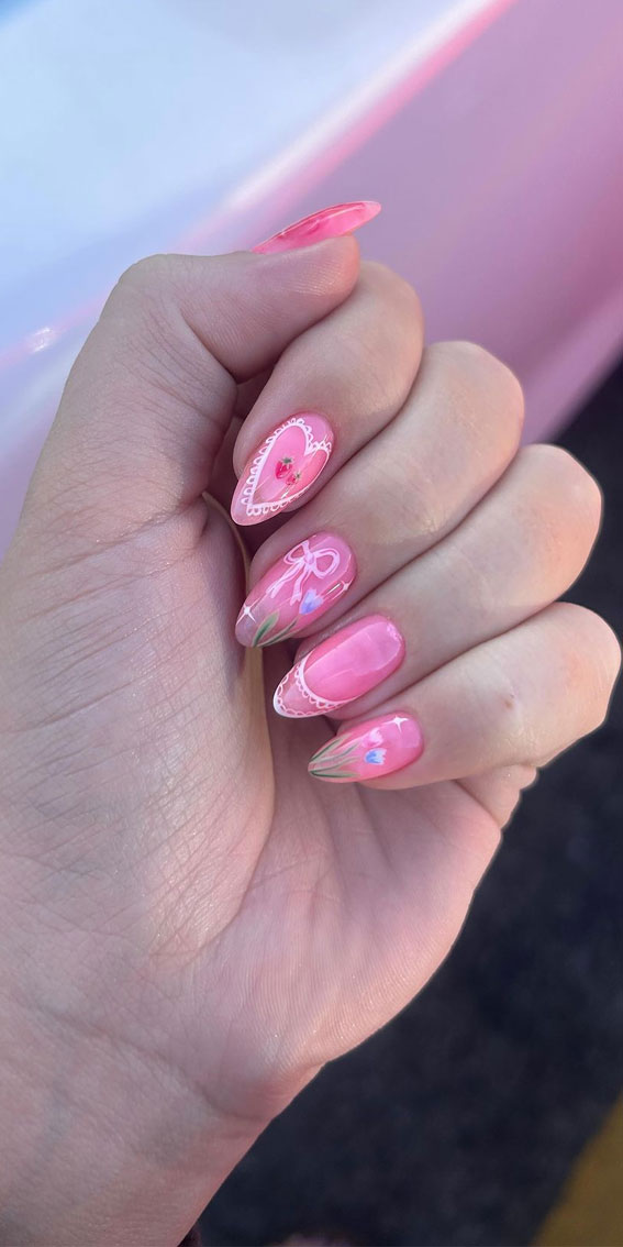 30 Styles of Mix ‘n’ Match Nail Inspirations : Pink Jelly Nails with Lace & Bow