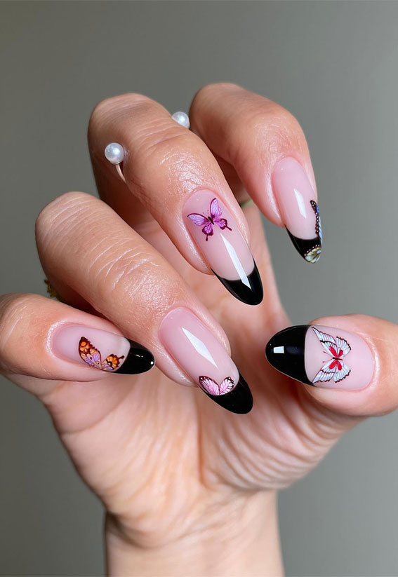 30 Styles of Mix ‘n’ Match Nail Inspirations : Black French Tips with Butterfly Effect