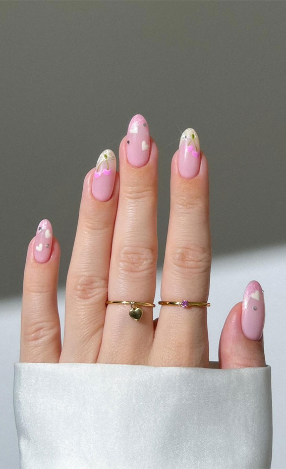 30 Styles of Mix ‘n’ Match Nail Inspirations : Pink Cherries & Love Hearts
