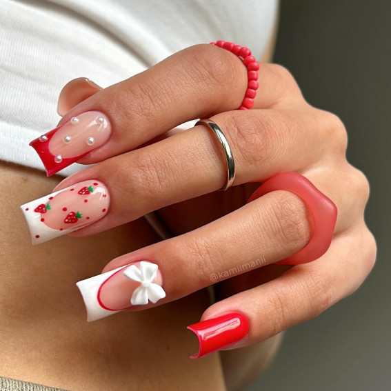 30 Styles of Mix ‘n’ Match Nail Inspirations : White & Red French Tip Nails