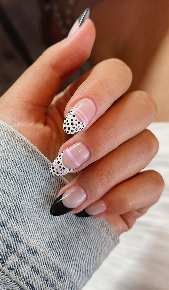 30 Styles of Mix ‘n’ Match Nail Inspirations : Black & Dalmatian French Tip Nails