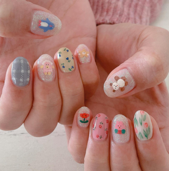 30 Styles of Mix ‘n’ Match Nail Inspirations : Teddy Bears & Flower Nails