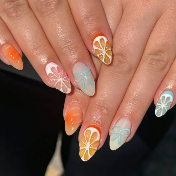 30 Styles of Mix ‘n’ Match Nail Inspirations : 3D Citrus & Bow Nails