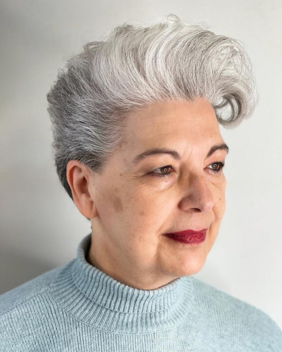 Stylish Natural Grey Pixie Haircut for Women Over 60
