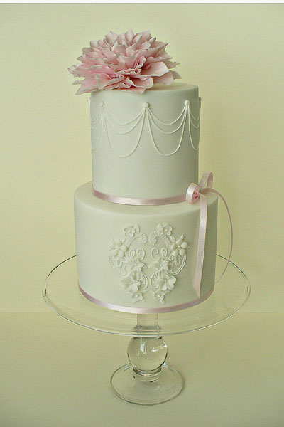 lace medallion with pink dahlia wedding cake, wedding cake