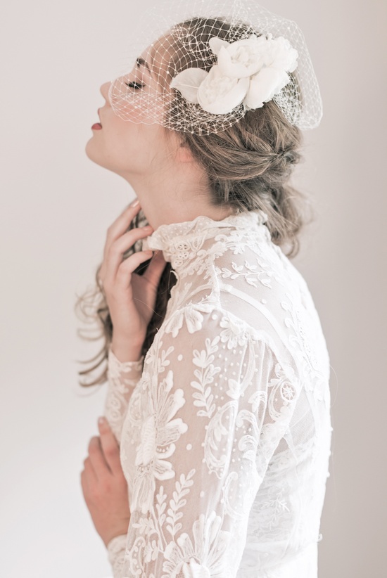 bridal hair with cage veil