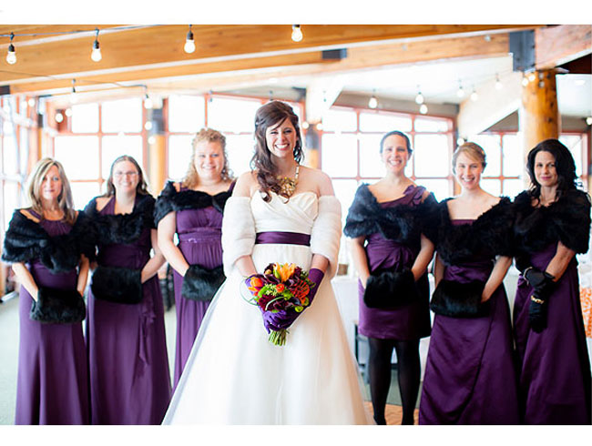purple bridesmaid and dark fur