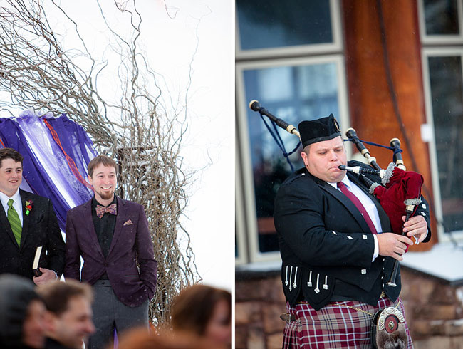 The bride surprised her groom with a bagpipe player