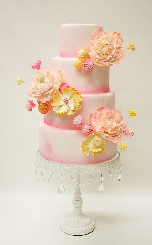 pink yellow wedding cake