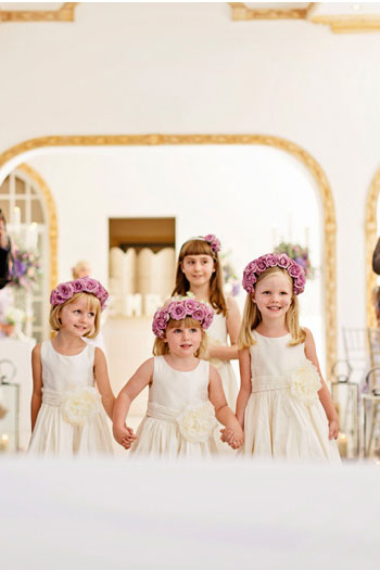 Flower girls in white dress with lilac floral crown,read UK real wedding in summer at Northbrook Park,shabby chic rustic wedding ideas, shabby chic rustic wedding colors,shabby chic wedding lilac wedding color