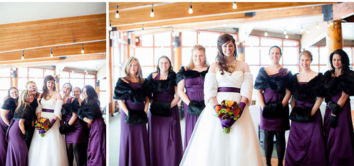 Purple bridesmaid with black shaw ,Winter wedding in snow From Amy Lashelle  https://www.itakeyou.co.uk/wedding/purple-winter-wedding-photography/  Winter wedding ideas,purple winter wedding themes,wedding in snow,bride and groom in snow,wedding ceremony in snow