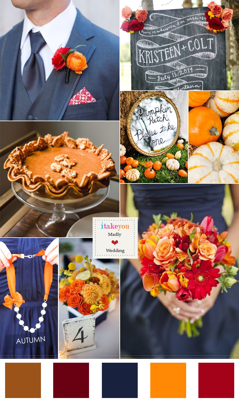 orange navy blue wedding color palette for autumn wedding,orange navy blue autumn wedding colour palette