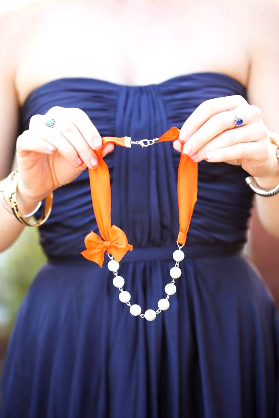 Orange navy blue wedding colour palette,Orange Bridesmaid Necklaces with Ribbon Necklaces - Wedding Necklaces