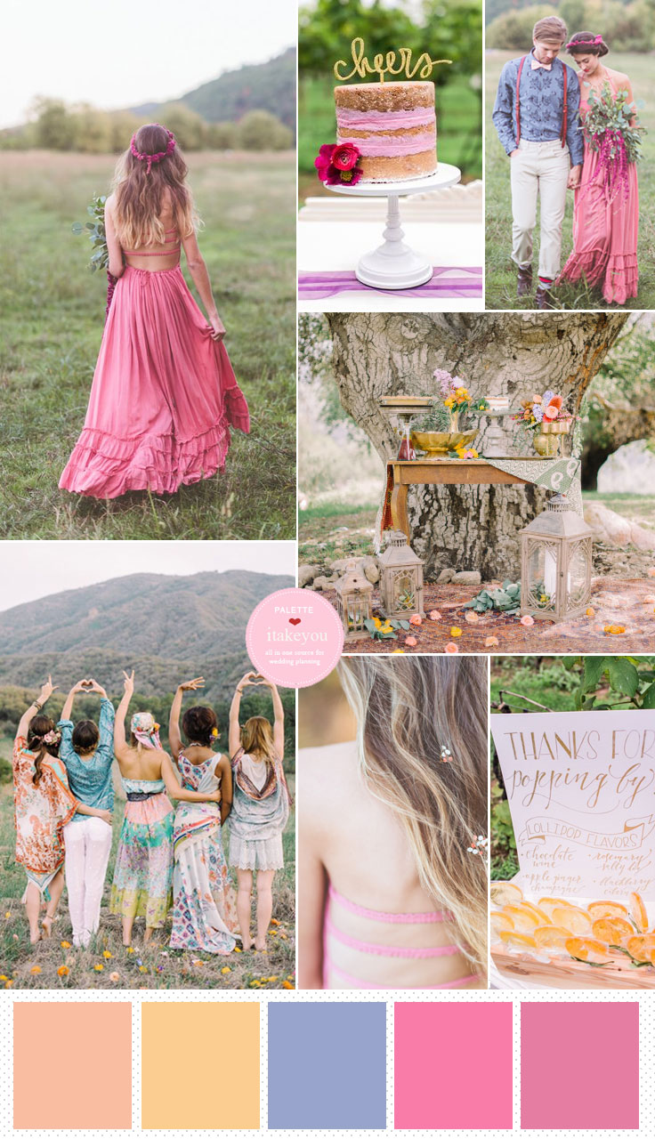 Pink bohemian wedding colours | Bohemian Wedding Theme | https://www.itakeyou.co.uk/wedding/bohemian-wedding-theme #weddingtheme #bohowedding #bohemian