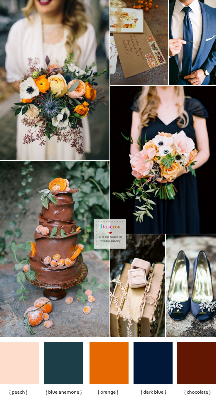 Blue anemone + Dark blue + Brown and orange wedding theme | itakeyou.co.uk