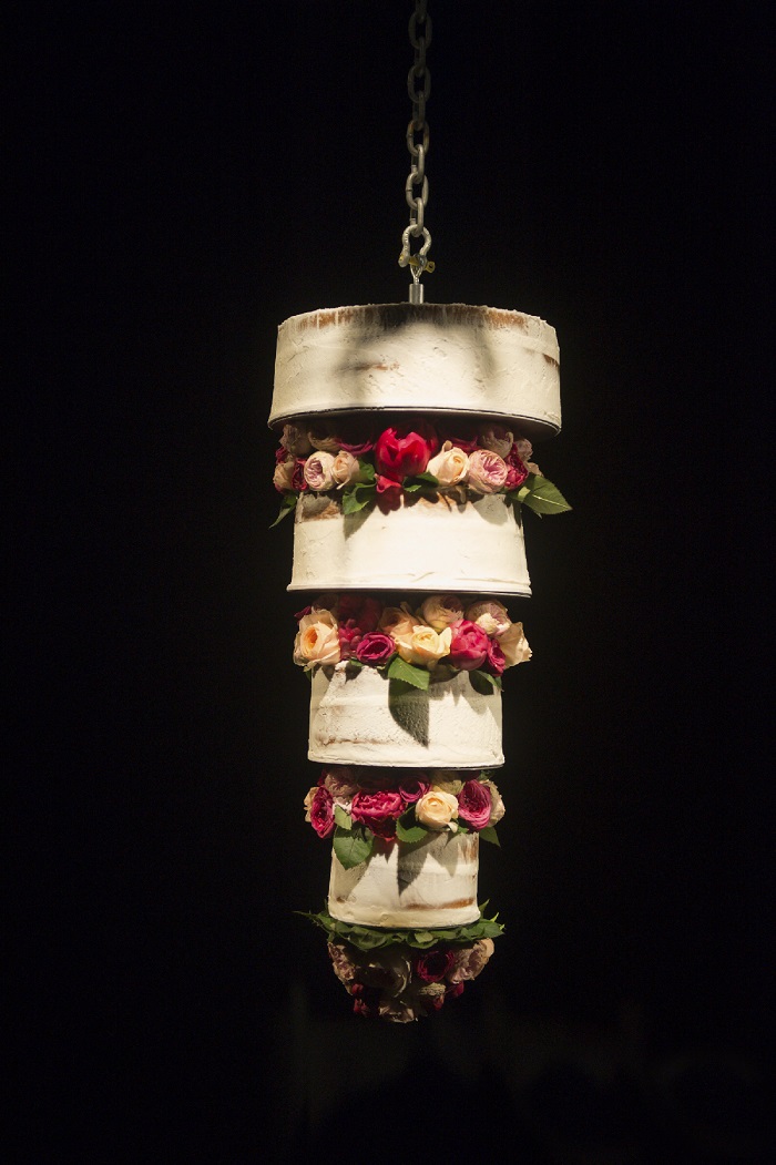 Upside down wedding cake,Semi naked wedding cake hanging from ceiling | itakeyou.co.uk | Onthree photography