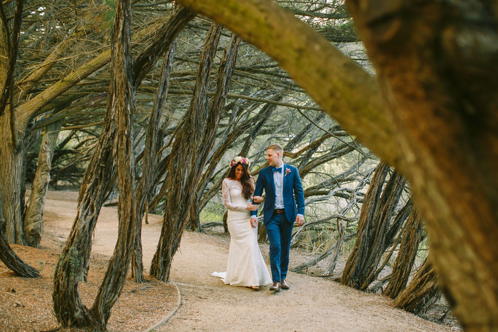 A barefoot bride & her long-sleeved Mariana Hardwick Wedding Dress for A Romantic Forest Elopement | Itakeyou