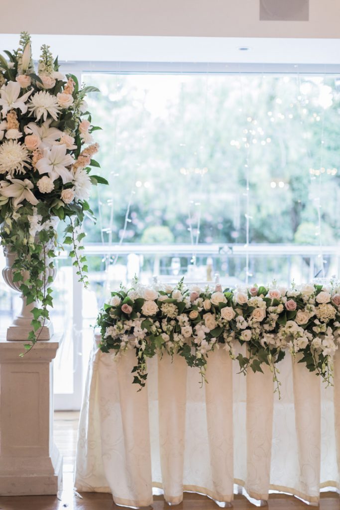 Beautiful flower arrange for head table - Beautiful simple + elegant outdoor wedding under the Chateau in the garden | itakeyou.co.uk - garden wedding ,outdoor wedding ,blush wedding