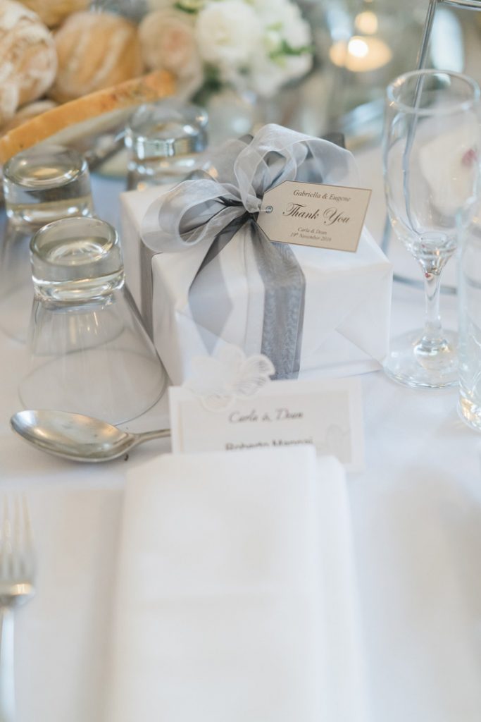 Wedding Favor wrapped with grey ribbon | Beautiful simple + elegant outdoor wedding under the Chateau in the garden | itakeyou.co.uk - garden wedding ,outdoor wedding ,blush wedding