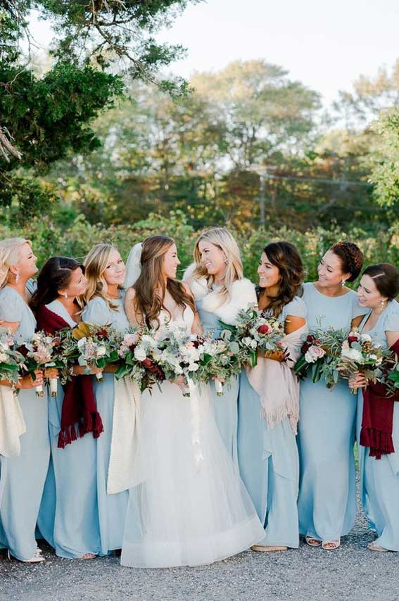 Dusty blue bridesmaid and red bouquet #bridesmaids #dustyblue ine } Autumn & Winter Wedding