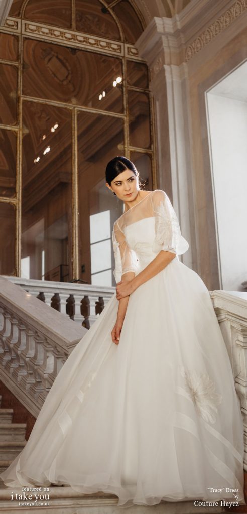 Couture Hayez 2020 bridal collection  - embellished short sleeve sheer top straight cut princess wedding dress  #weddingdress #weddinggown #wedding #fashion #bridedress #bride #bridal #weddings #weddingdresses