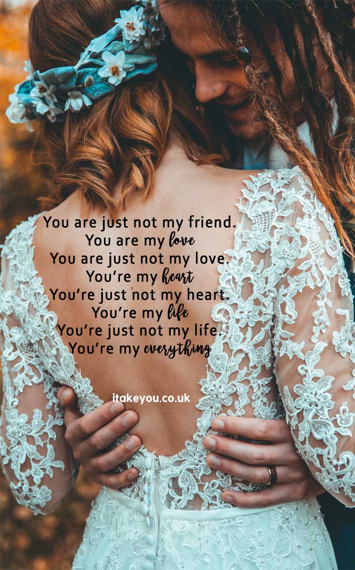 100 Beautiful quotes on love and marriage - love quotes , Inspiring Marriage Quotes #lovequote #quotes #marriagequotes You're just not my friend. You're my love, You're just not my love. You're my heart, You're not just my heart. You're my life, You're just not my life. You're my everything.