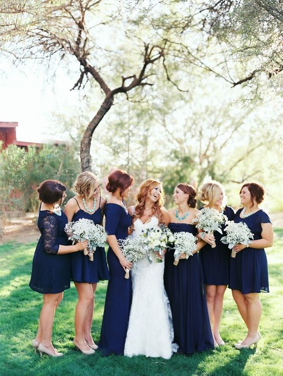 Navy blue bridesmaid dresses with white bouquets - summer wedding #wedding #navyblue #bridesmaids