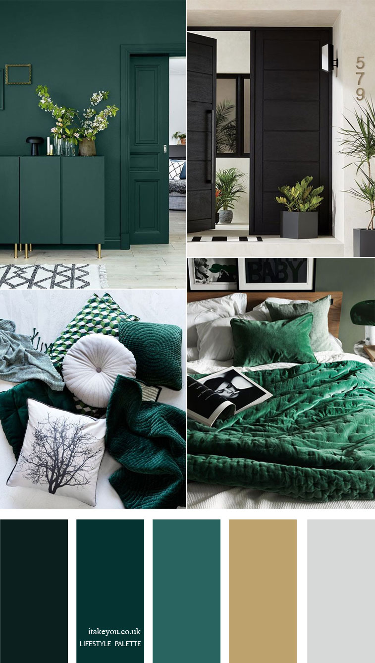 Dark green color palette with muted gold - Home color decor