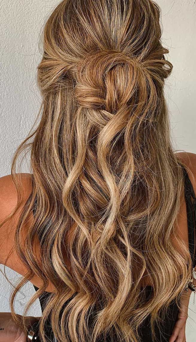 Blown away with these 57 beautiful half up half down hairstyles ,textured updo, half up half down bridal hairstyles #weddinghair #weddingupdo #weddinghairstyle #weddinginspiration #bridalupdo half up half down wedding hair, wedding hairstyles, bridal hairstyles, half up half down wedding hair medium length, hair down wedding hairstyles