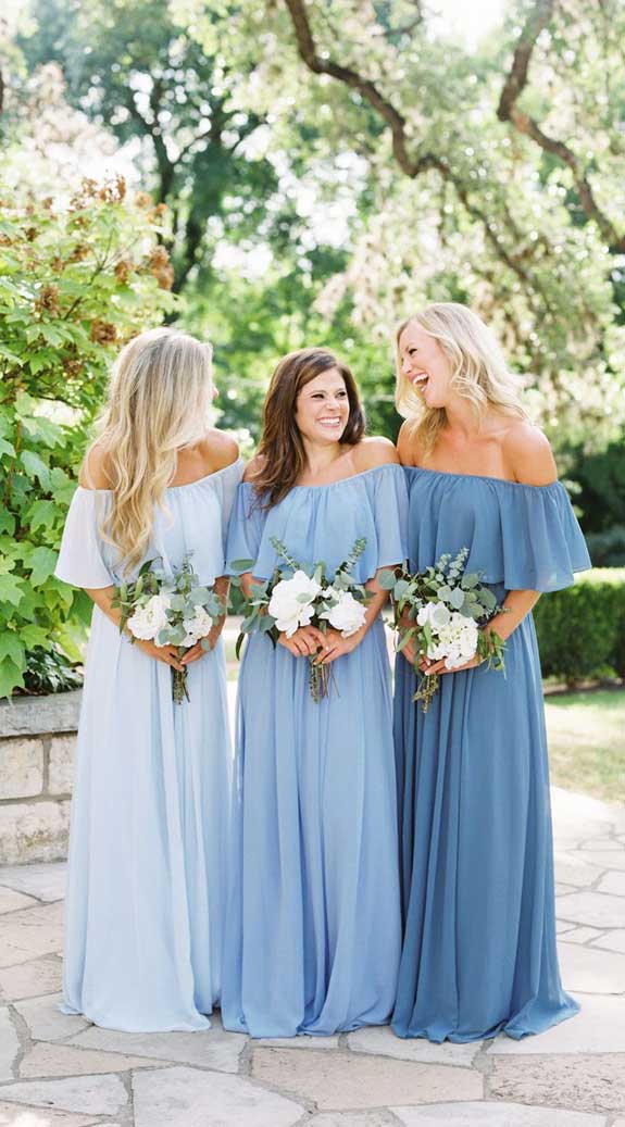 Dusty Blue Wedding With Blue Groomsmen Dusty Blue Bridesmaids And Bouquet Invitations By Spring Wedding Colors Wedding Themes Spring Peach Bridesmaid Dresses