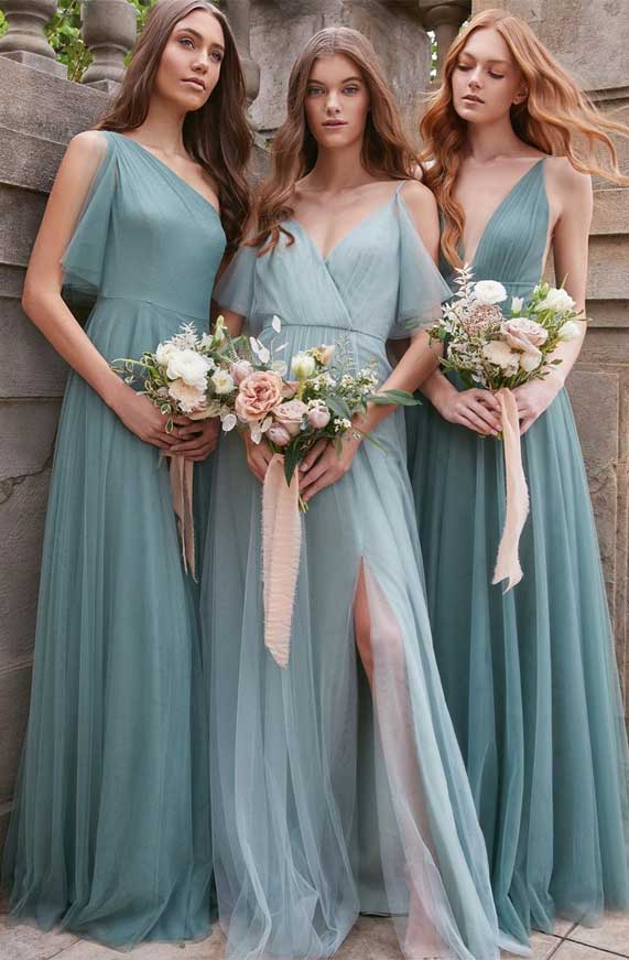 mismatched bridesmaid dresses, blush and whipped apricot bridesmaid dresses, blue mismatched bridesmaid dresses #bridesmaiddresses