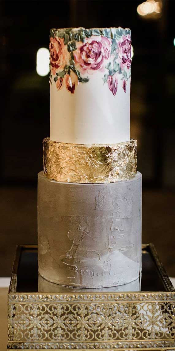 floral painted wedding cake, hand painted wedding cakes, hand painted cakes, watercolor cake painting, hand painted buttercream cakes, floral hand painted wedding cake #weddingcake , grey and gold floral painted wedding cake