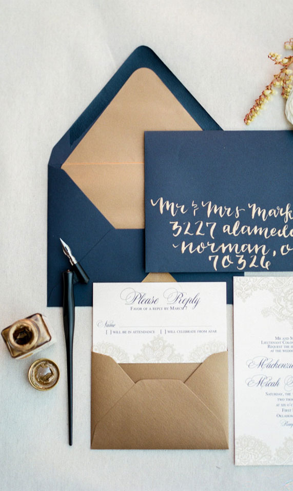 blue and gold wedding theme, blue wedding invitation with gold ink, blue wedding invitation with gold calligraphy #weddinginvites