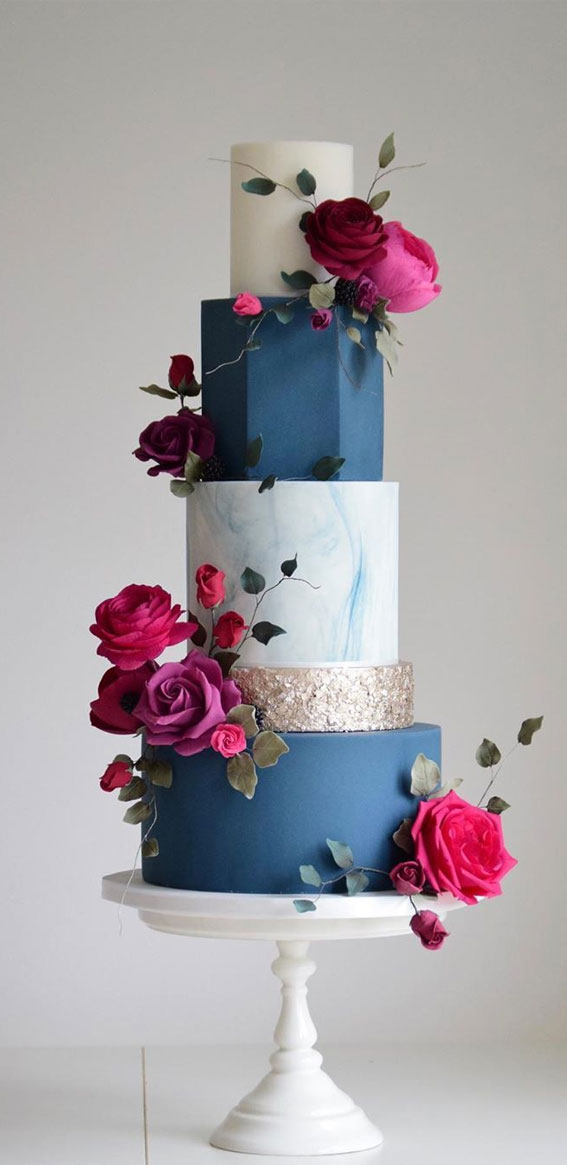 hexagon blue wedding cake, blue and pink marble wedding cake 