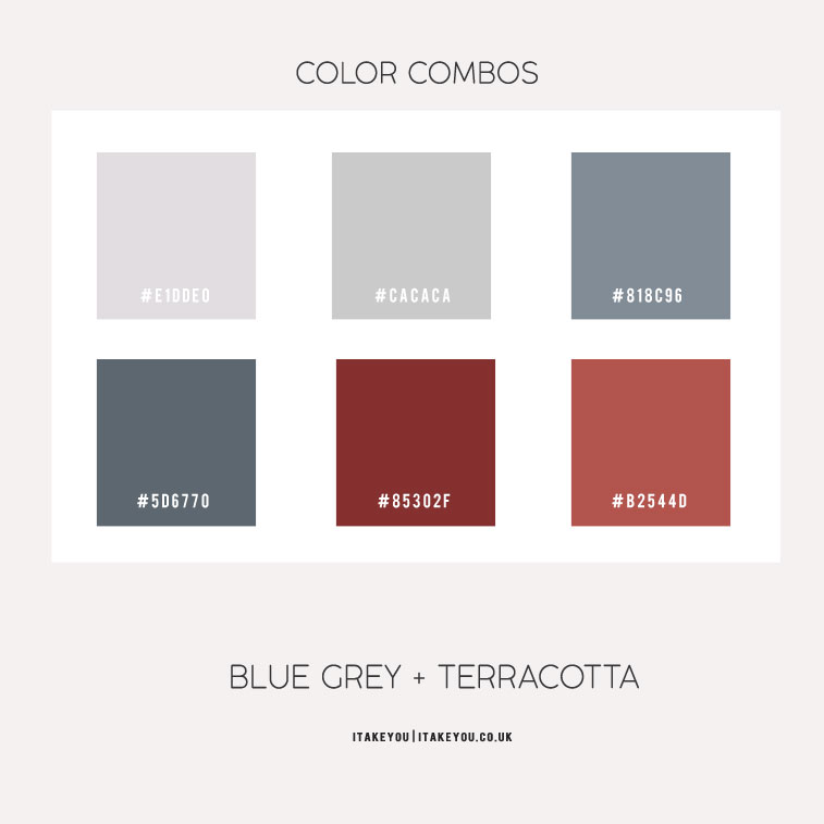 blue grey color combos, blue grey color scheme, blue grey and terracotta, blue grey and dark red color #bluegrey