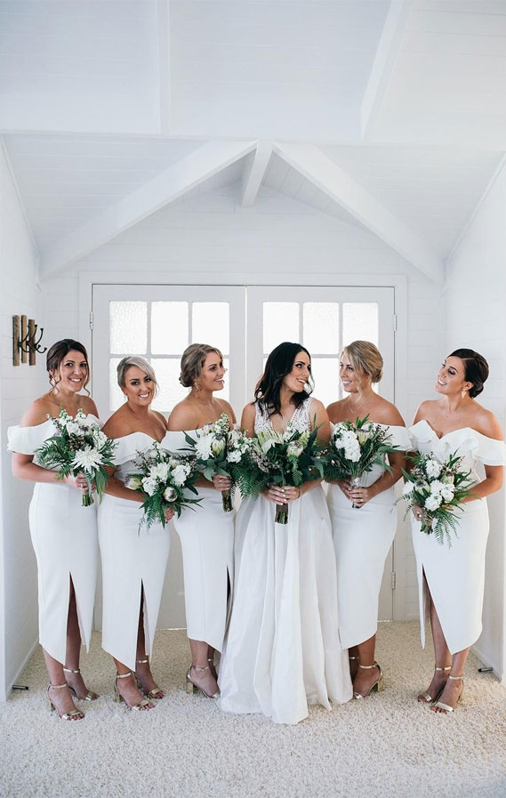 white bridesmaid dresses with white and green bouquet, white and green bouquets , white bridesmaid dresses #bridesmaiddresses #white #green