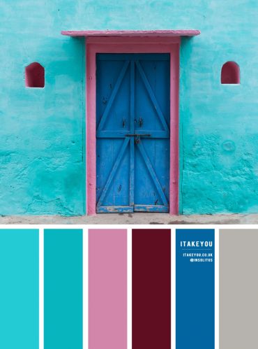 Color palette of Turquoise, blue , pink , deep red and grey accents I