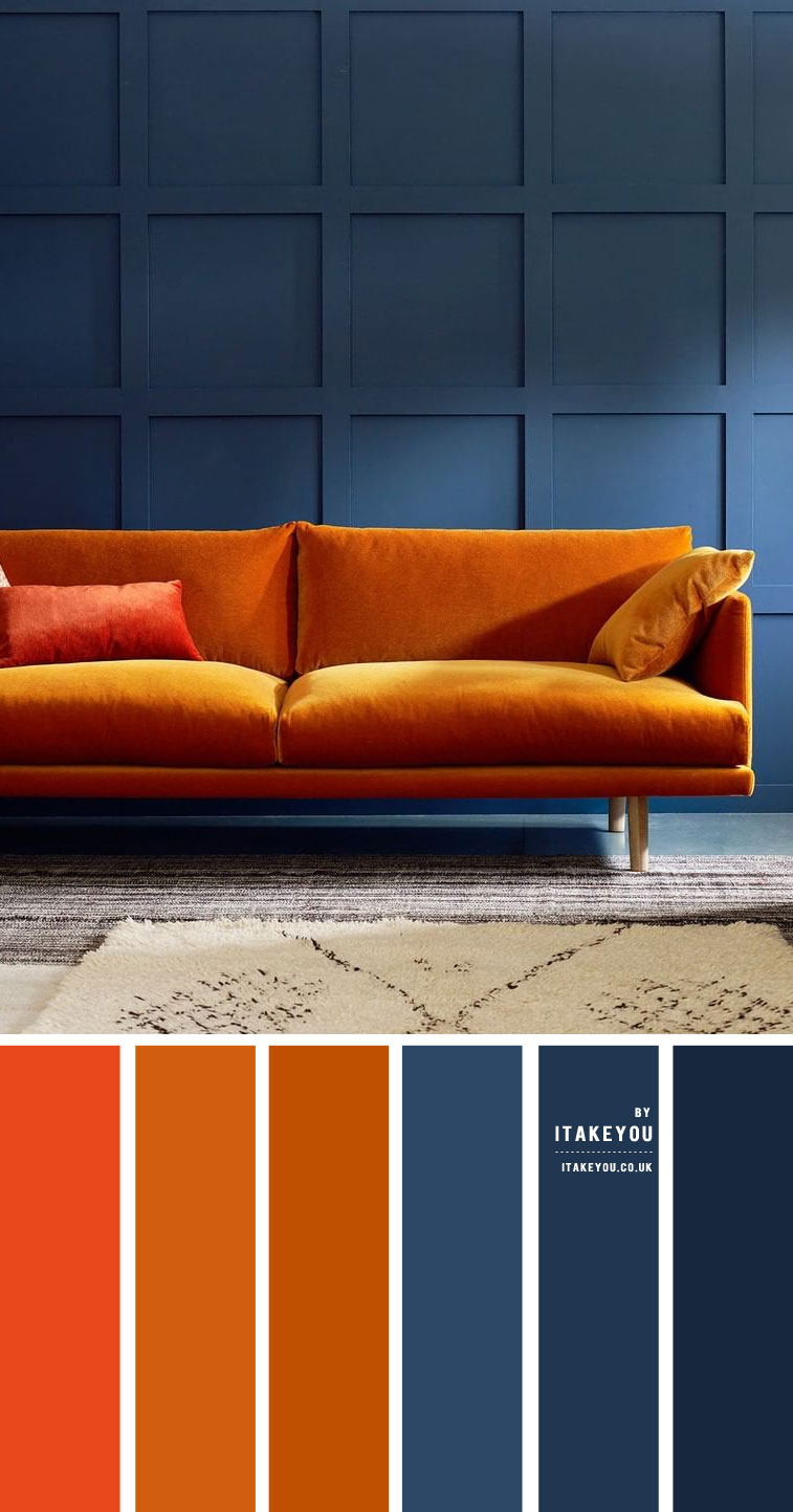 dark blue and rust color scheme, navy blue and turmeric color, dark blue and rust color palette, dark blue living room with rust accents