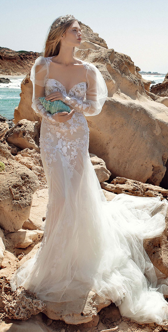 3d embellished sequin sheer mermaid wedding gown with a detachable sheer top