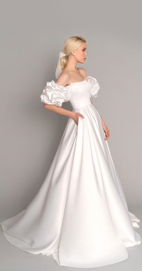 off the shoulder puff short sleeve a line wedding dress, simple elegant wedding dress #weddingdress #wedding