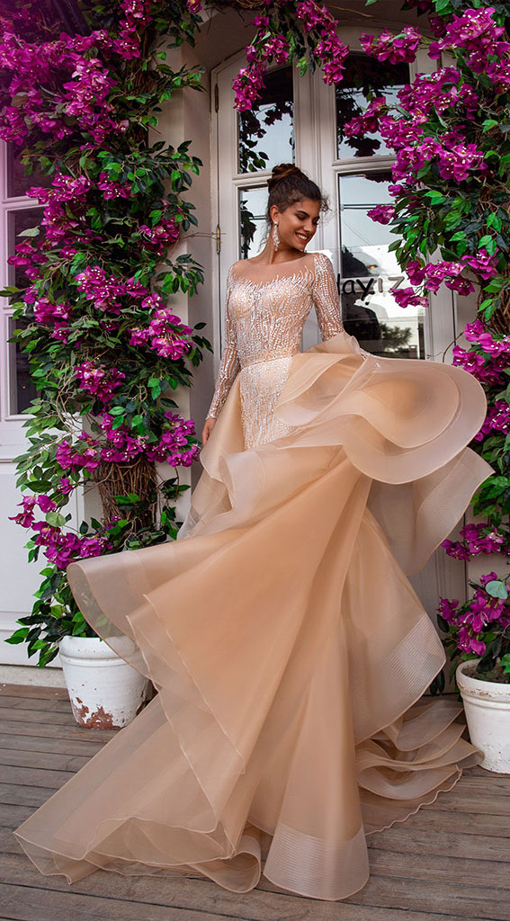 long sleeve layered skirt peach wedding dress, sparkling wedding dress, wedding dress with detachable skirt