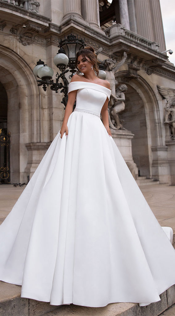 off the shoulder a line wedding dress, satin wedding dress #wedding wedding dresses , elegant wedding dress, simple wedding dress
