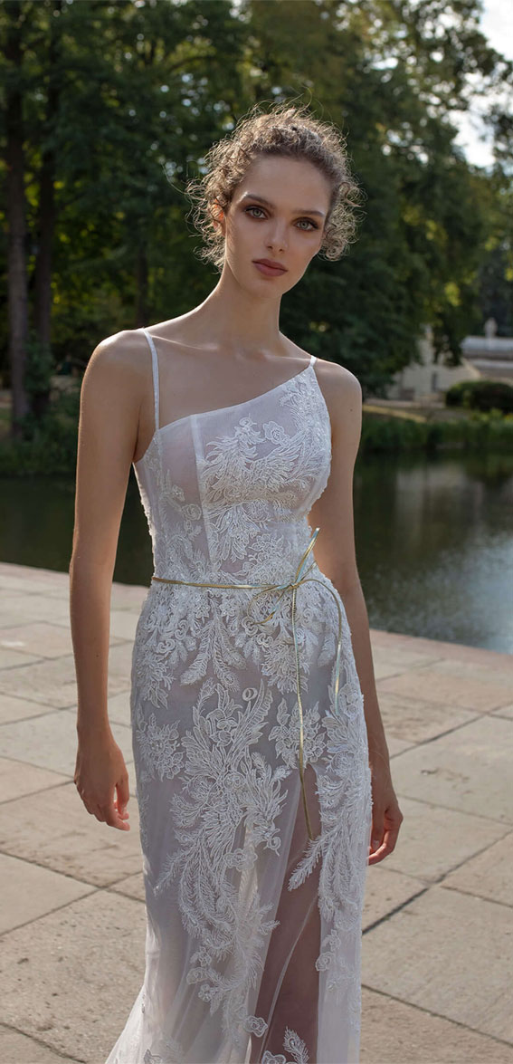 asymmetrical fitted gown with beaded lace thin straps , wedding dress, wedding gown, bride dress #wedding #weddingdresses helena kolan wedding dress 2020, helena kolan wedding dresses, helena kolan wedding dress