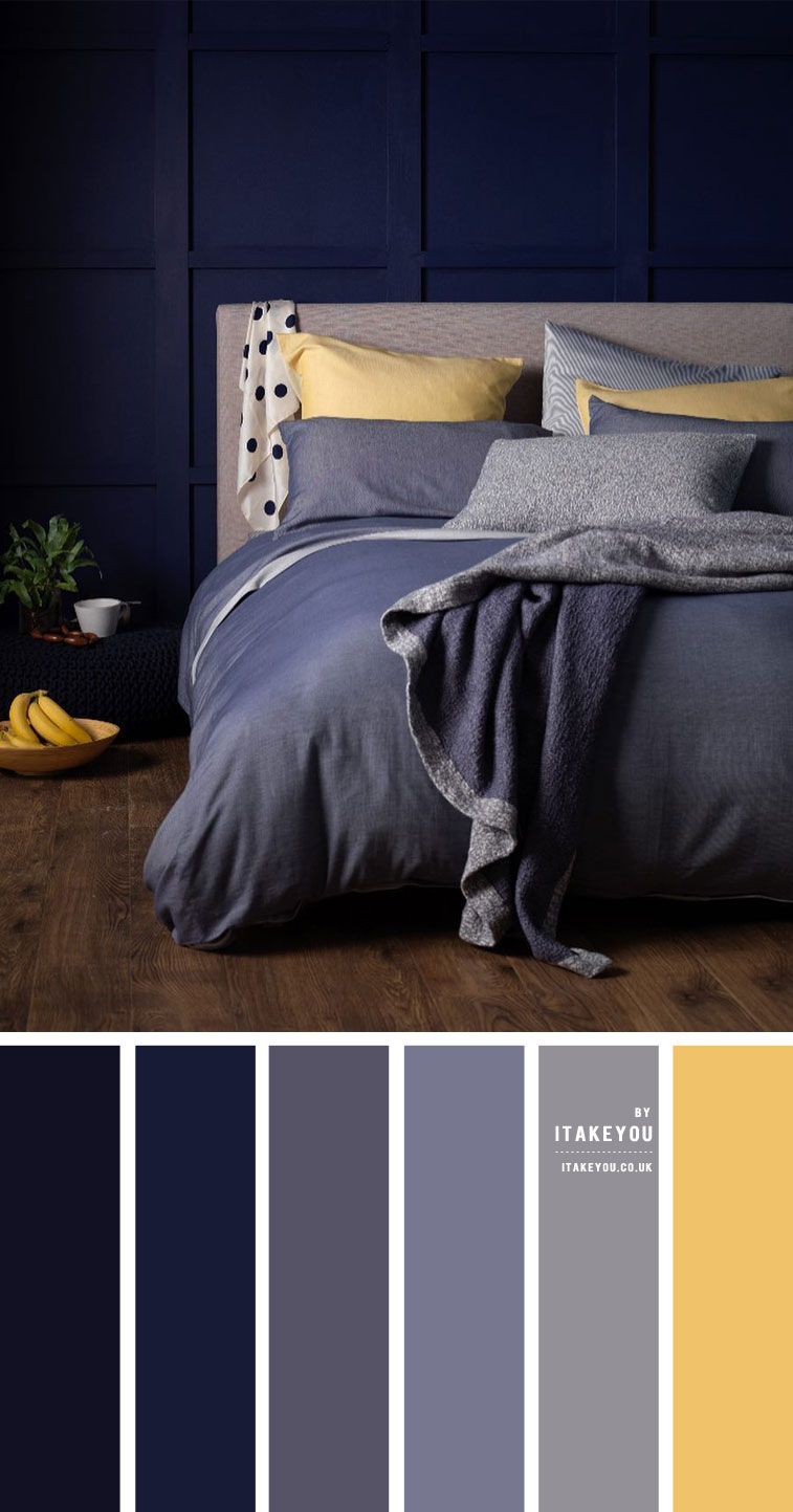 dark blue and grey bedroom, dark blue and yellow bedroom, dark blue grey and yellow colour palette , yellow and dark blue bedroom, bedroom color ideas, bedroom color scheme , bedroom decorating