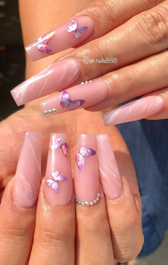 bridal nails, butterfly nails design, wedding nails, pink nails, pink wedding nails, butterfly nail art ideas