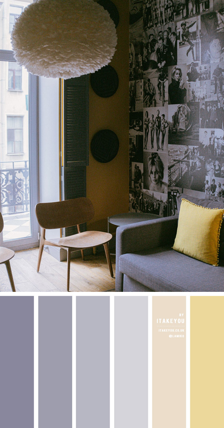 grey and yellow colour palette, grey and yellow living room, apartment living room, grey living room , color palette
