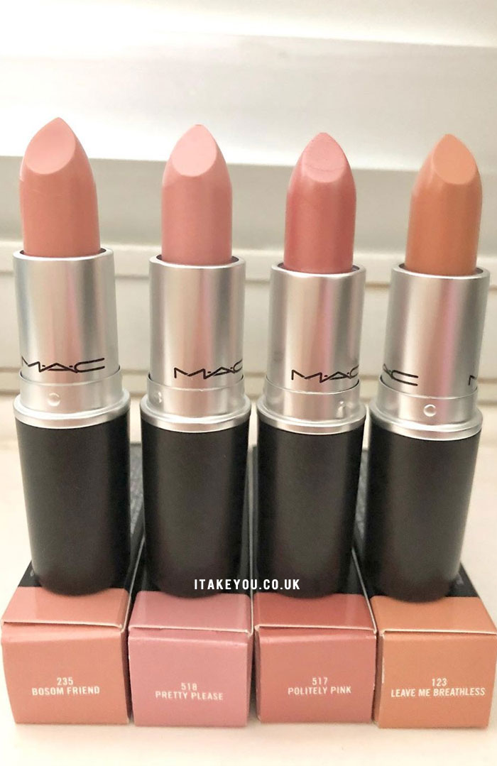 pretty please mac lipstick, bosom friend mac lipstick, politely pink mac lipstick, leave me breathless mac lipstick